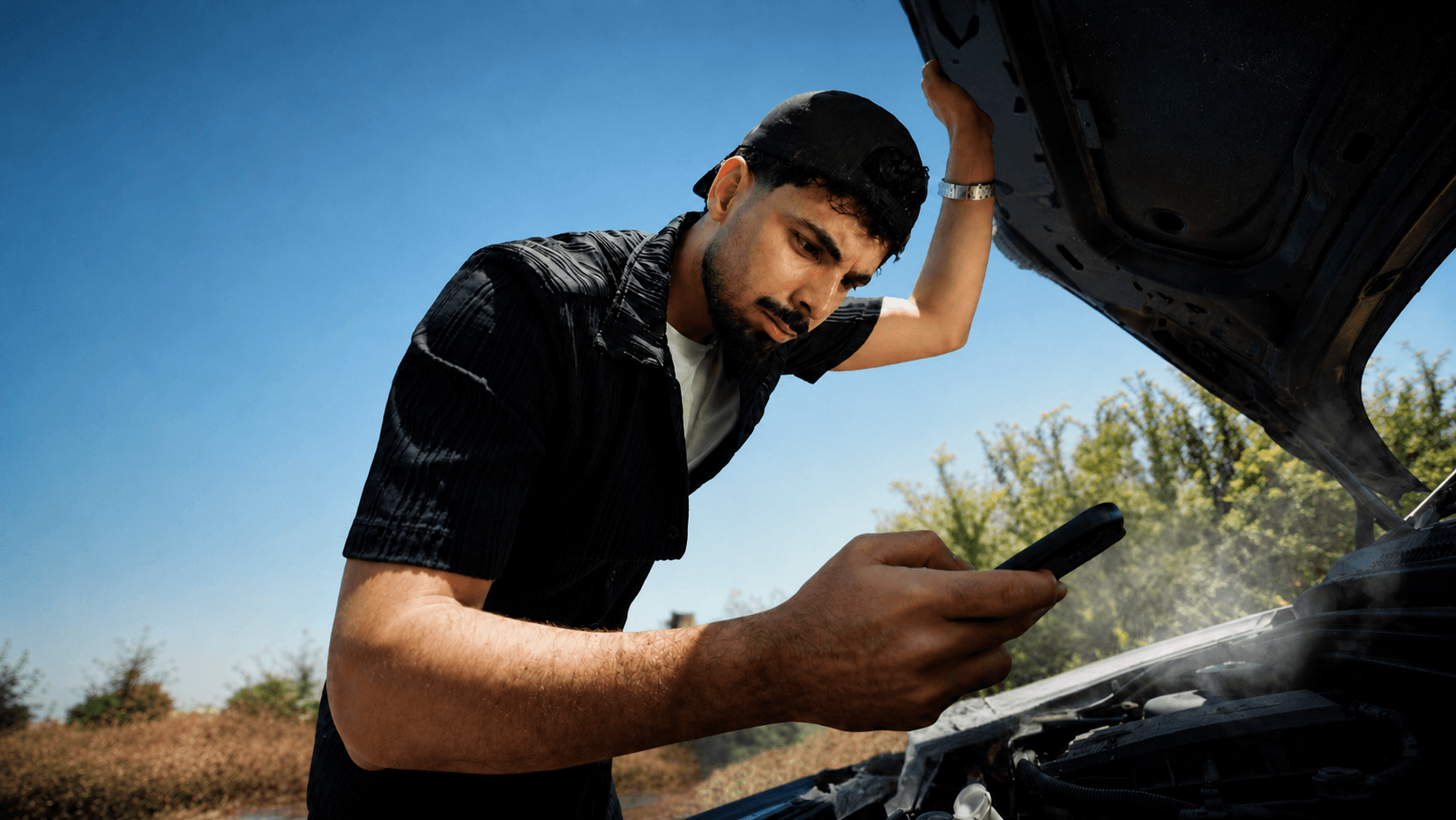 سائق مغربي يفحص سيارته ويستعمل هاتفه بجانب المحرك